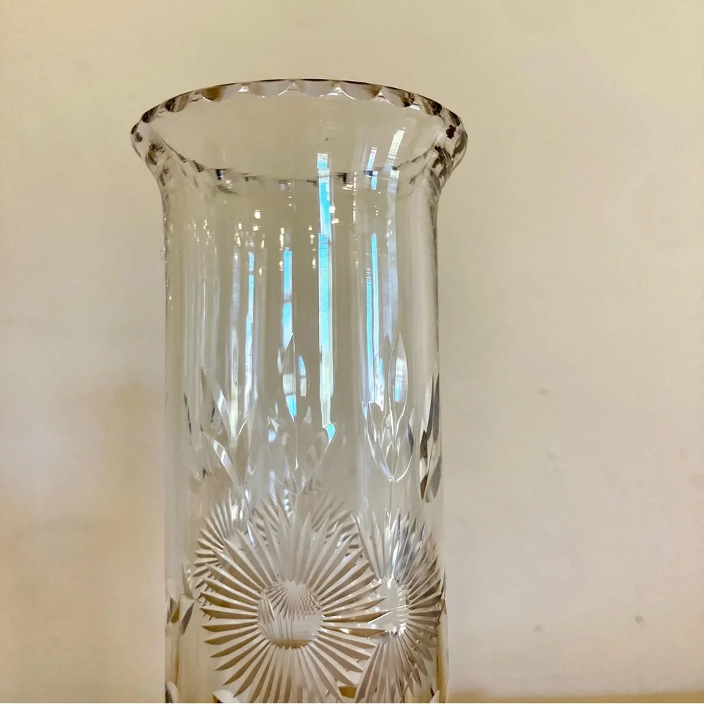 Vintage Etched Glass Vase with Floral Design Starburst Base Cottagecore Decor